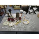 A mixed lot to include three Poole vases, sherry glasses, tumblers, a decanter, a candelabra, a