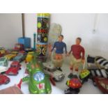 A mixed lot of retro toys to include Lady Penelope's car with Parker, footballers, a 1991 rugby