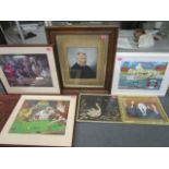 A selection of pictures to include a Victorian painting of a gentleman, two snooker prints and other