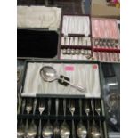 A cased set of silver spoons Birmingham 1935 and various silver plated cutlery sets