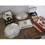 Silver plate to include cutlery and flatware, two entree dishes and a tray