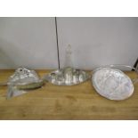 Silver plate to include a VM lacque set with a decanter, six cups, two with the glass sleeves