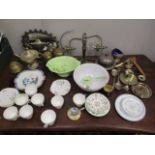 A mixed lot to include silver plate, teaware, brassware, a Carlton leaf bowl and other items