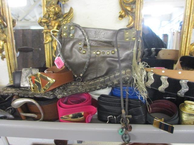 A Sara Barman brown leather shoulder bag, mixed retro and metallic belts and a small amount of