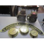 Two railway lanterns on sprung brackets, three brass pressure gauges and a brass C Burrell & Sons