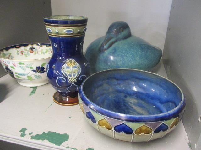 A selection of mixed ornaments to include a stoneware glazed duck, a floral decorated bowl, a