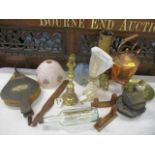 A mixed lot to include a Victorian copper kettle, trench art, bellows and other items