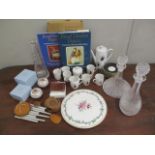 A mixed lot to include a decanter, a Royal Doulton book, coffee sets and other items