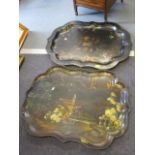 Two Victorian black lacquered painted trays
