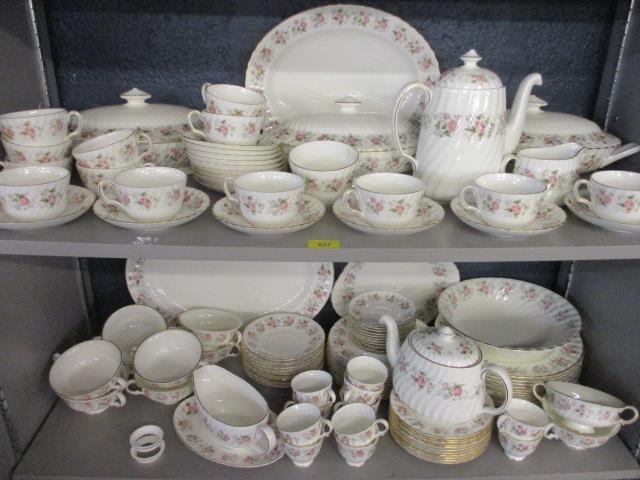 A Minton Spring Bouquet dinner, tea and coffee service having white ground and pink floral rose