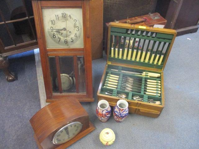 A mid 20th century Ryas cutlery set in an oak box, together with a mid 20th century walnut cased