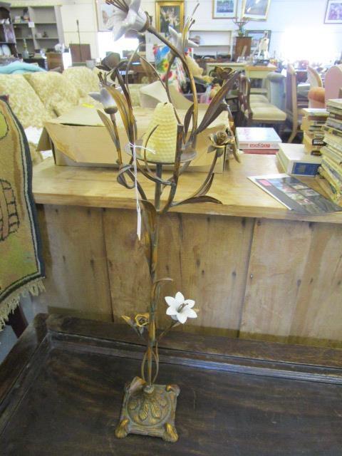 A gilt metal candle holder with porcelain flower heads, 30" h - Image 2 of 2