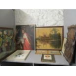A mixed selection of watercolour, prints and a carved wooden plaque to include a still life