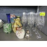 A set of twelve Champagne flutes, vintage and retro vases to include a Franz porcelain vase,