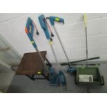 Various garden tools to include a Black and Decker power weeder and other items, and an oak barley