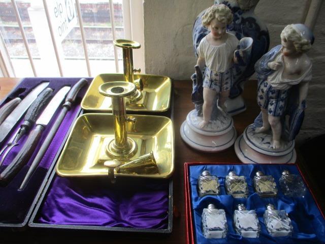 Wedgwood blue Jasperware trinket dishes, a horn handled carving set, two pewter tankards, a soup - Image 2 of 4