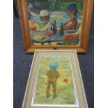 T Perry - two abstract oils on board depicting a picnic and a small boy on a beach, circa 1980