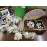 A mixed lot of cosmetics and sewing accessories to include wool and cottons in a hardwood box,