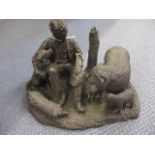 A Heredities bronzed resin figural group of a shepherd with his flock and sheepdogs, signed W