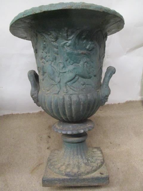 A pair of Victorian green painted, cast iron campana garden urns, with twin mask handles and - Image 6 of 6