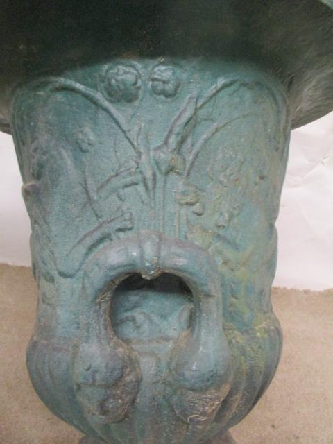 A pair of Victorian green painted, cast iron campana garden urns, with twin mask handles and - Image 3 of 6