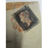 An 1840 British 1d Penny Black, four margin D F stamp cancelled by a red Maltese Cross, used, on a