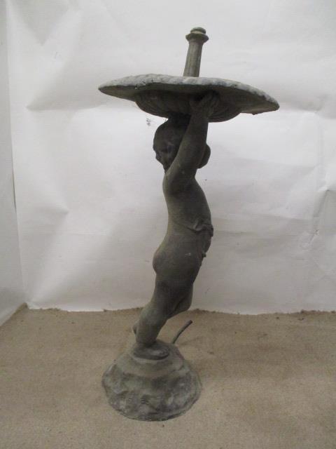A mid 20th century lead fountain with a bowl, elevated by a boy on a rocky base, 33"h x 15"w - Image 5 of 5