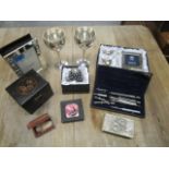 Silver plate to include a boxed Christening set, a geometry set and other items