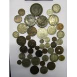 Mixed coins to include a Victorian shilling, half crowns, crowns, two cartwheel one penny coins,