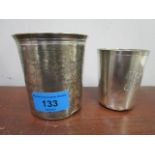 Two French silver beakers, one with engraved initials, total weight 157.9g