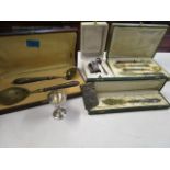 French silver and gilt metal dessert servers contained in three cases, silver plated ware comprising