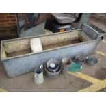 A large galvanised trough, together with mixed bucket and cans, 22 1/2" h x 73"w