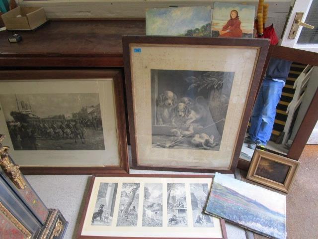 A quantity of oil paintings, Victorian/Edwardian prints to include British Expeditionary Force