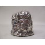 A textured silver clad amethyst rock pot by S L Sheffield 1991, with a hinged, domed lid, 2"h