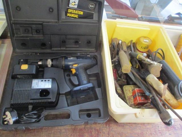 Mixed tools to include a boxed power drill, wood working tools and other items