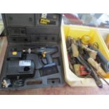 Mixed tools to include a boxed power drill, wood working tools and other items