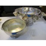 A silver plated, twin handled bowl, together with a punch bowl with eight cups