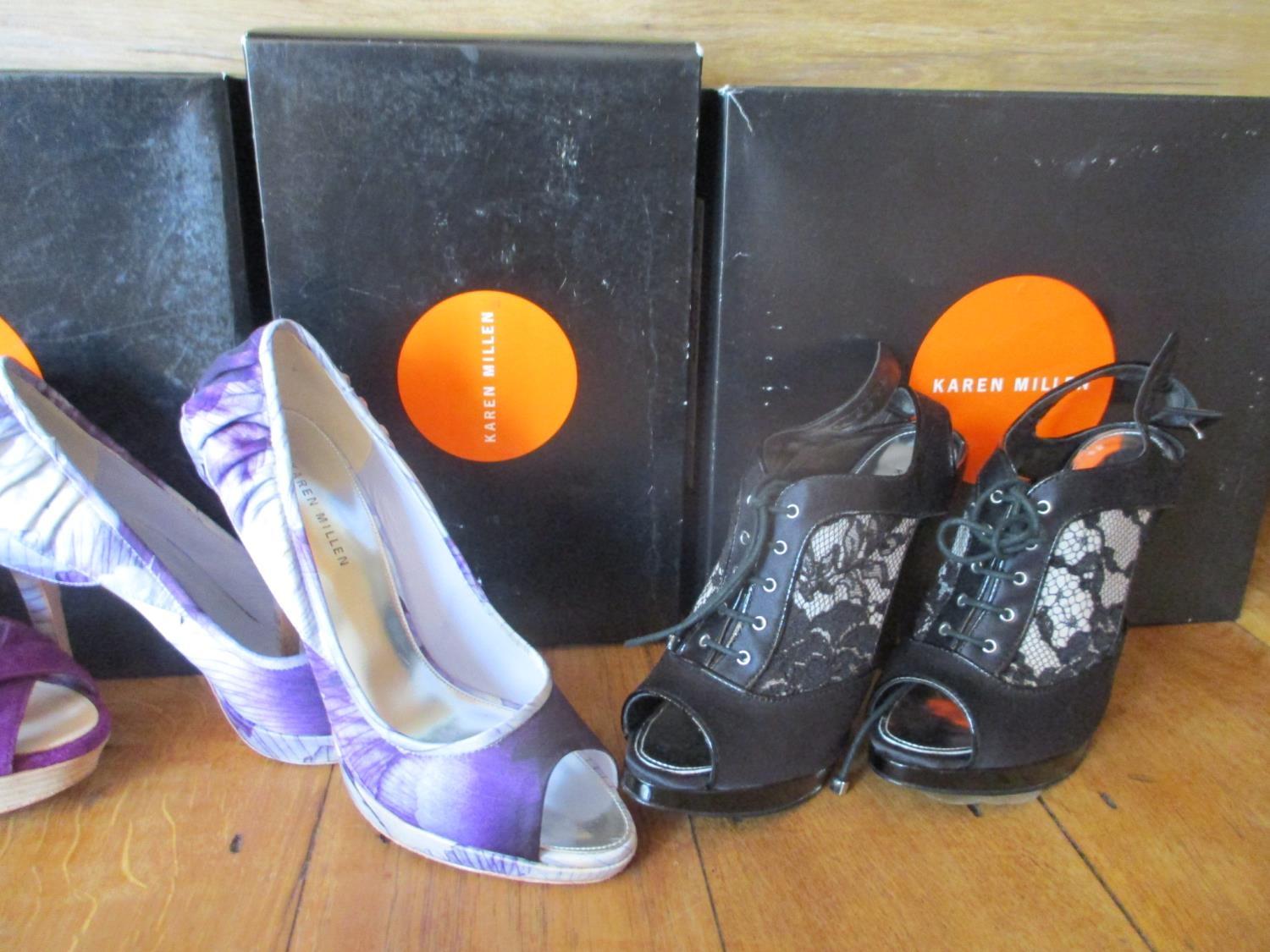 Three pairs of modern Karen Millen high heeled fashion shoes, size 39-40, in Karen Millen boxes, - Image 6 of 6