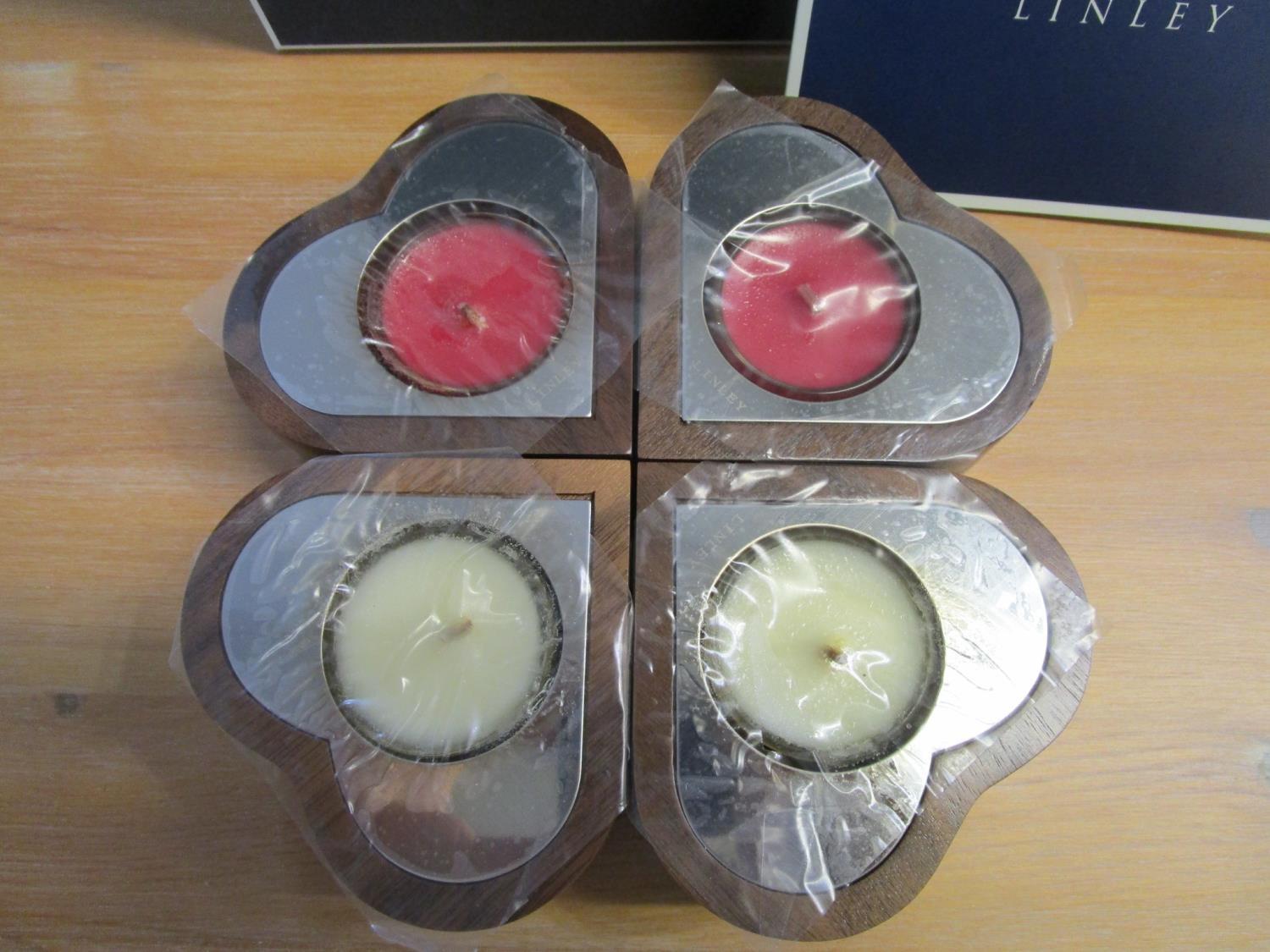 David Linley - a set of four heart shaped tea lights in walnut and polished nickel, boxed - Image 2 of 3