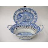 An early 19th century Pearlware basket with twin handles and pierced sides, 4"h, 11 1/2"w and the