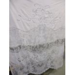 An early 20th century lace and cotton window/door panel depicting a lady on a swing A/F, 57" w x