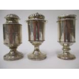 Three 18th century silver and white metal bun style pots, one inscribed Red Pepper and the others