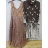 A mid 20th century bespoke, brown sequinned and taffeta evening dress, together with a mid 20th