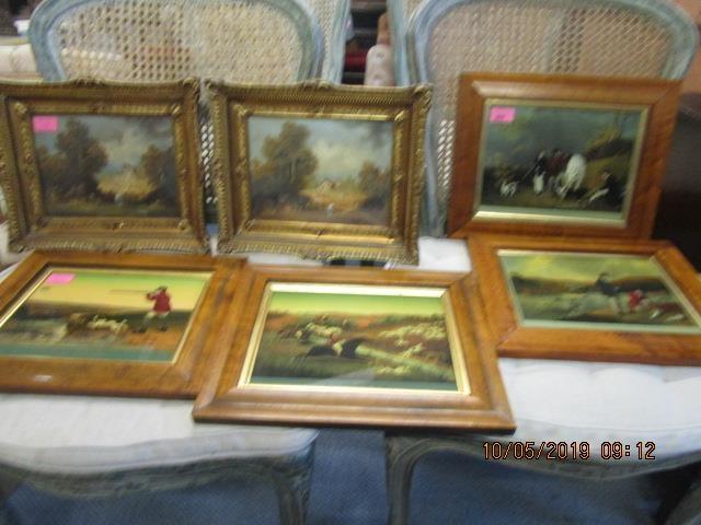 A group of framed and glazed reserve glass hunting pictures, along with Bellis - two landscape oil