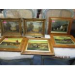 A group of framed and glazed reserve glass hunting pictures, along with Bellis - two landscape oil