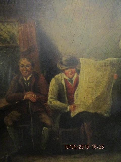 A 19th century oil on board tavern scene of two gentlemen seated, one reading a daily newspaper, - Image 5 of 5