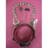 Mixed costume jewellery to include a silver bracelet, a pair of silver cufflinks and two hat pins,