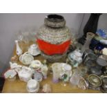 A mixed lot to include a large West German vase, a jardiniere stand, pewter and other items