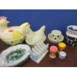 A quantity of kitchenware to include two egg containers in the form of chickens and a Portmerion