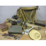 Military camping equipment to include a canvas rucksack, a bed, a Milbro Kampa knife and other items